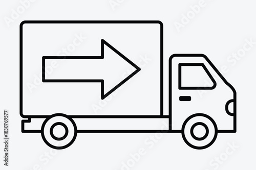 Simple black and white line art icon of a delivery truck with a large rightpointing arrow on its cargo box, representing shipping or logistics
