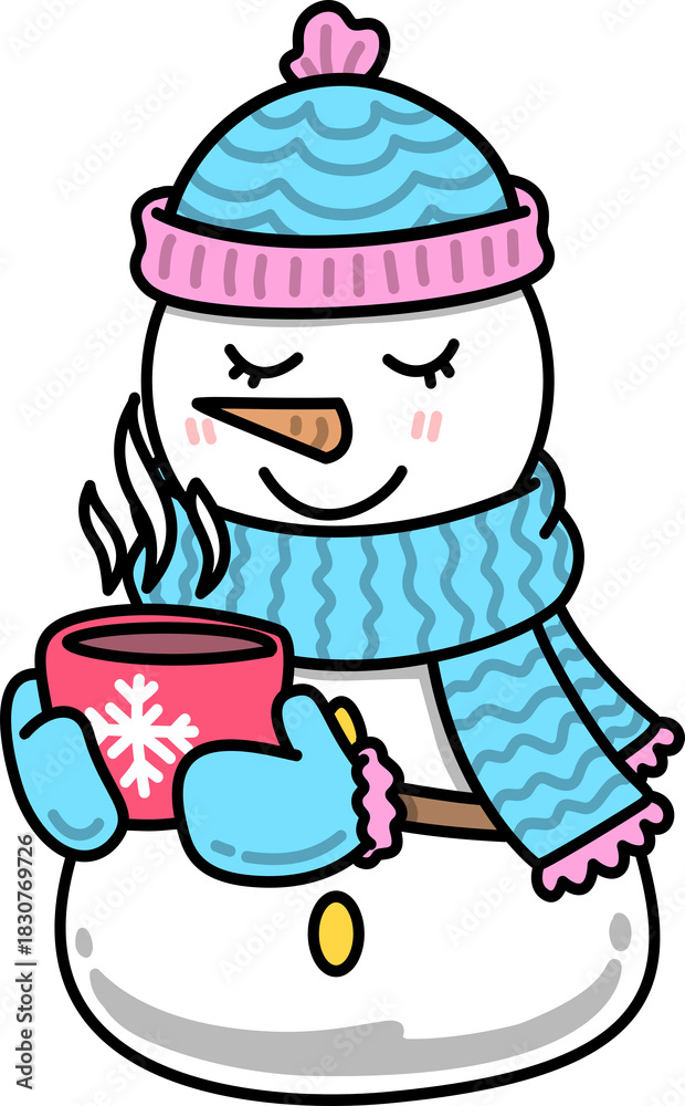 Obraz premium Snowman Holding Hot Drink Cartoon