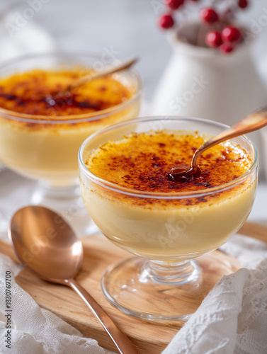 Creamy dessert with caramelized sugar topping in glass bowls  caramel creme brulee