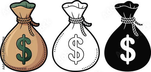 Money bag icon silhouette & Outline and illustration set isolated on transparent background