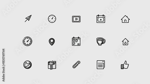 Set of minimalist line icons for web and mobile interfaces. Includes home, time, location, calendar, video, message, coffee, work, news, and like symbols.