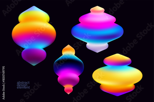 Set of iridescent 3D geometric shapes. Collection of colorful abstract gradient forms.