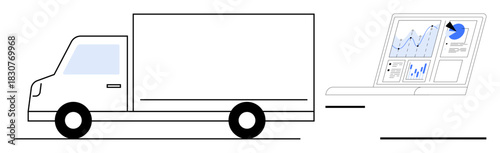 Logistics truck near a digital dashboard displaying graphs and analytics. Ideal for logistics, supply chain, fleet management, delivery, transportation, efficiency, and digital transformation. Simple