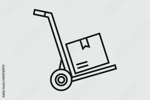 Simple black and white line art icon representing a hand truck or dolly carrying a cardboard shipping box, perfect for logistics and delivery concepts