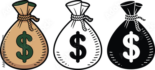 Money bag icon silhouette & Outline and illustration set isolated on transparent background