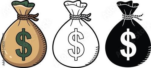 Money bag icon silhouette & Outline and illustration set isolated on transparent background
