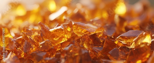 The Amber Glass Crystals Piled in Warm Light Creating a Sparkling Golden Abstract Texture