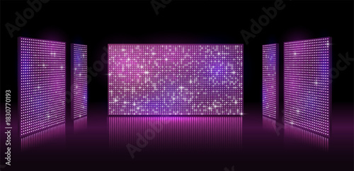 Purple led lights video screen concert or show background, board wall stage with monitors glow round dotted TV display