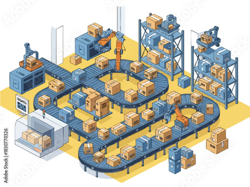 Automated Warehouse System - Conveyor Belts and Robotic Arm Sorting Packages.