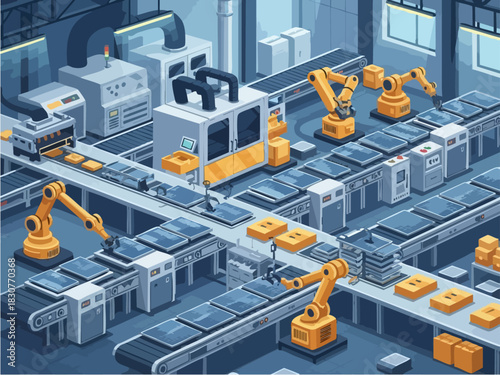 Automated Factory Production Line with Robotic Arms and Conveyor Belts.