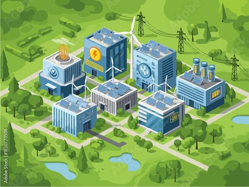 Isometric Green Energy Cityscape with Sustainable Power Plants.