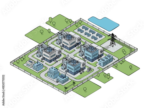Isometric Nuclear Power Plant Illustration with Solar Panels and Substation.