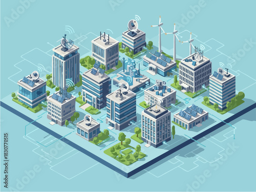 Isometric Smart City with Sustainable Energy and Green Infrastructure.