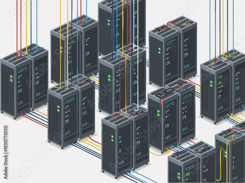 Isometric Server Racks with Colorful Cables - Data Center Infrastructure.