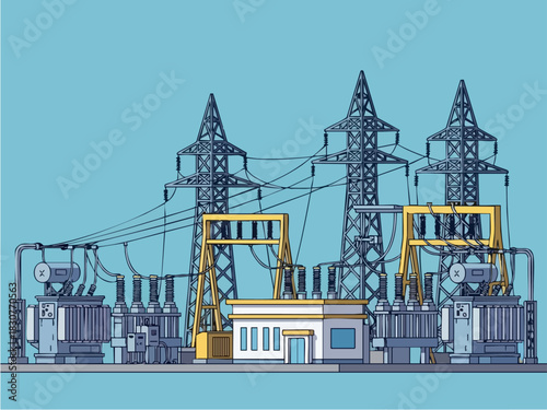 Electrical Substation Illustration - Power Transmission and Distribution Infrastructure.