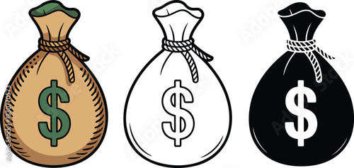 Money bag icon silhouette & Outline and illustration set isolated on transparent background