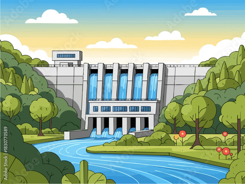 Hydroelectric Dam Power Generation with Water Flow and Green Surroundings.