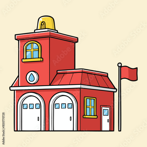 A cartoon illustration of a red fire station building with a tower, siren, and two garage doors, featuring a red flag on a pole.