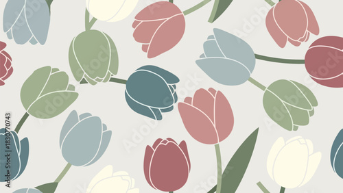 Delicate tulip pattern creates a soft, spring feeling with pastel hues, perfect for backgrounds, textiles, and adding a touch of floral elegance