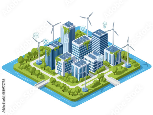 Isometric Green City Concept with Renewable Energy Sources.