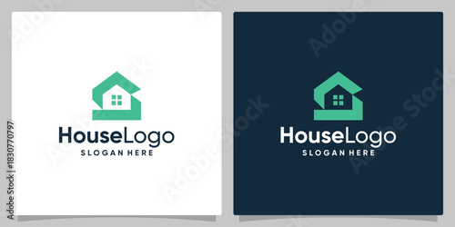 Minimalist House Logo Design with Green Geometric Roof and Window Details.