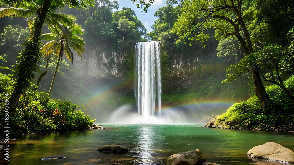 Obraz premium Tropical Waterfall Oasis Lush Greenery, Rainbow Mist, and Crystal-Clear Waters