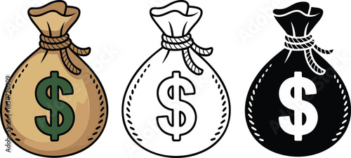 Money bag icon silhouette & Outline and illustration set isolated on transparent background