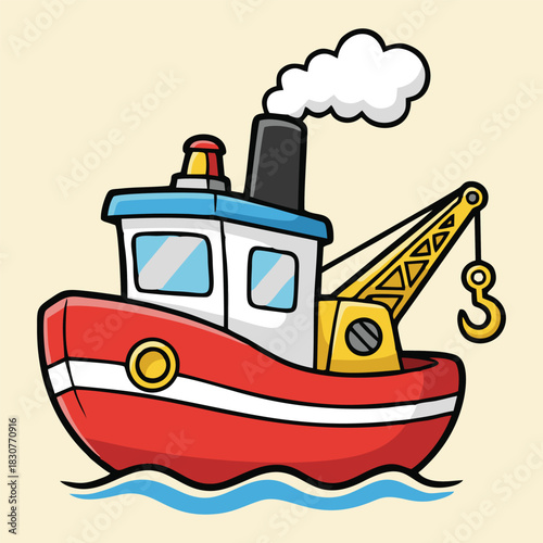 Cartoon illustration of a red tugboat with a yellow crane and hook, emitting smoke, floating on blue water waves on a light background.