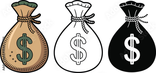Money bag icon silhouette & Outline and illustration set isolated on transparent background