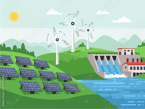 Renewable Energy Sources - Solar Panels, Wind Turbines, and Hydroelectric Dam.