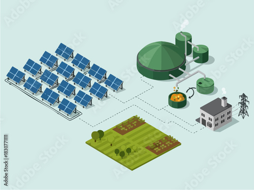 Isometric Illustration of Sustainable Energy System with Solar Panels and Biogas Plant.