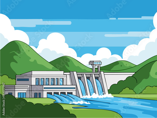 Hydroelectric Dam Power Plant Generating Clean Energy in Nature.