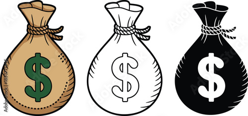 Money bag icon silhouette & Outline and illustration set isolated on transparent background