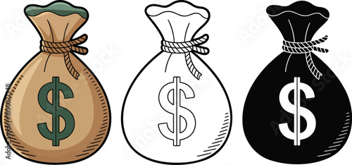 Money bag icon silhouette & Outline and illustration set isolated on transparent background