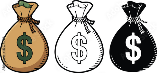 Money bag icon silhouette & Outline and illustration set isolated on transparent background