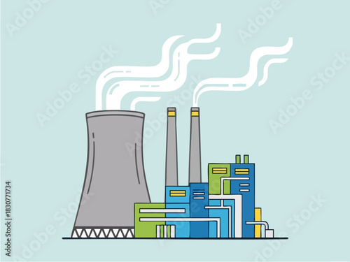 Illustration of a Power Plant with Smoke Stacks and Cooling Tower.