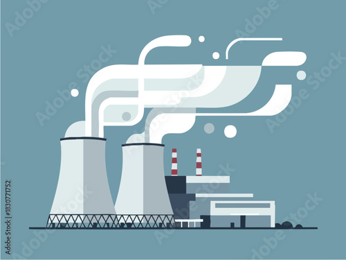 Stylized Nuclear Power Plant Illustration with Steam Emissions.