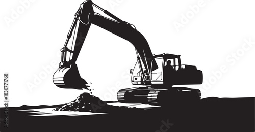 Excavator digging a pile of dirt on white background
