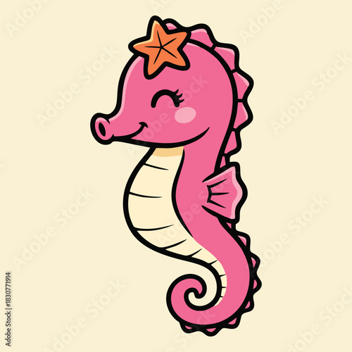 A cute cartoon pink seahorse with a starfish on its head, smiling happily on a plain background.