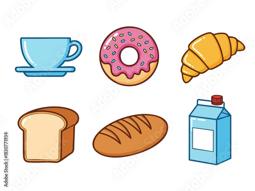 Breakfast Food Items - Coffee, Donut, Croissant, Bread, and Milk.