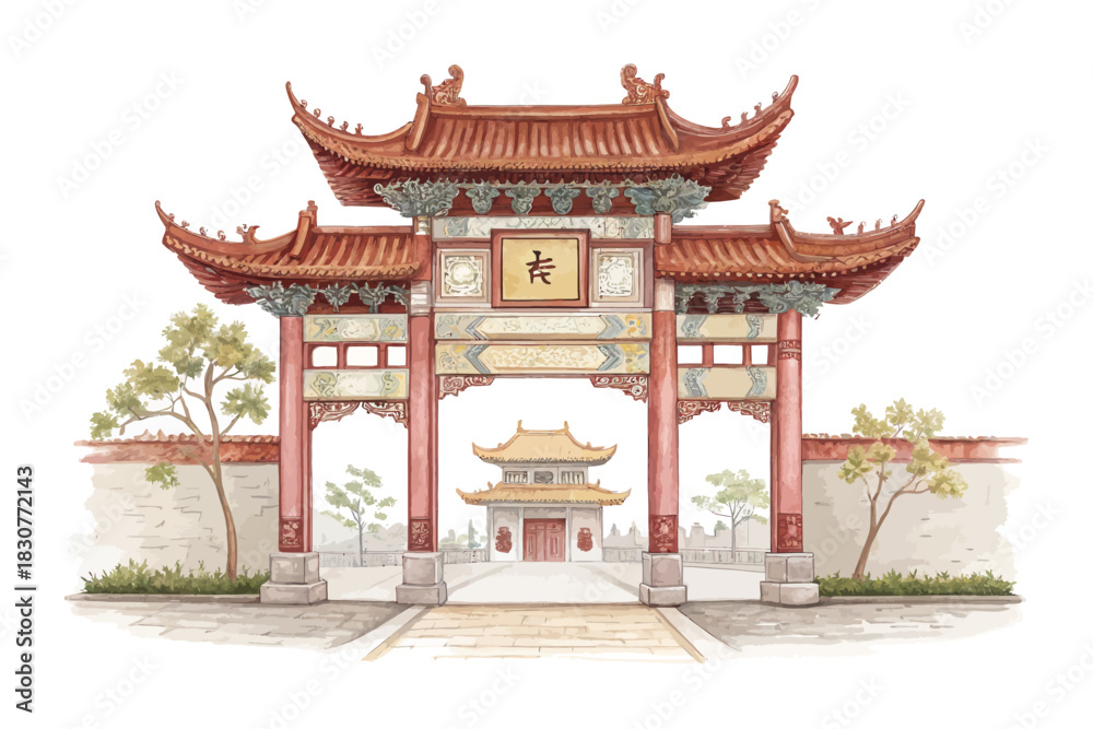 Naklejka premium Chinese Pagoda Gate Watercolor Element vector illustration isolated on white background