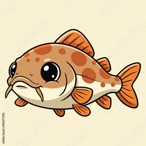 Adorable cartoon fish with big black eyes and orange spots on a light beige background.