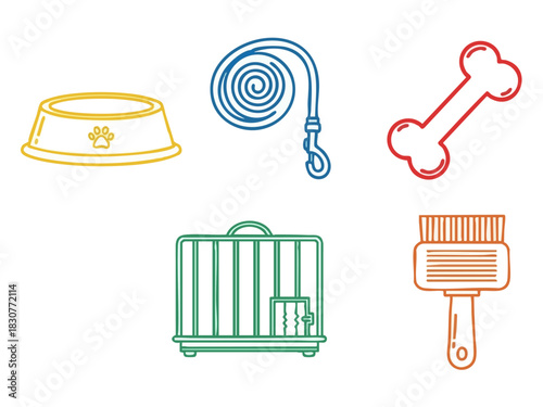 Pet Supplies - Colorful Line Art Icons for Animal Care.