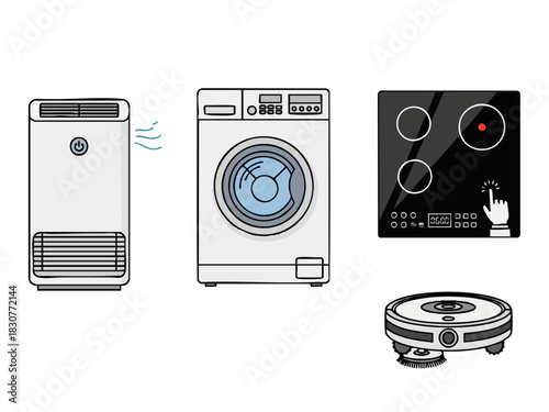 Various Household Appliances - Air Purifier, Washing Machine, Induction Cooktop, and Robot Vacuum.