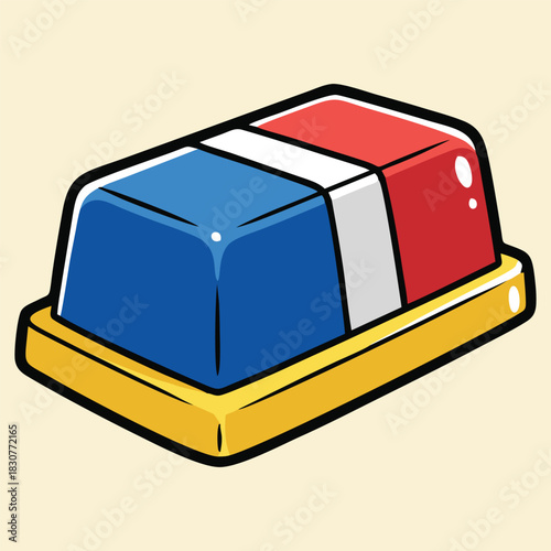 A cartoon illustration of a police light bar with blue, red, and white sections on a yellow base.