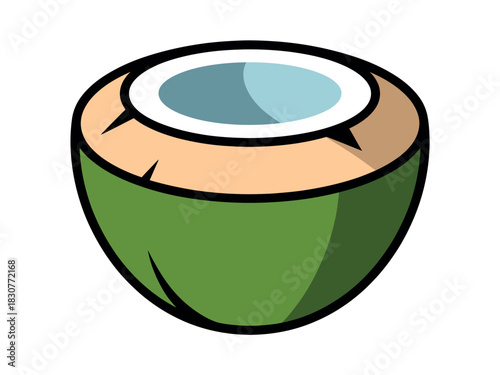 A halved green coconut filled with refreshing water sits isolated on a white background.