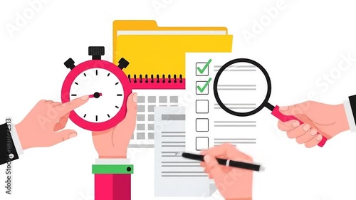 Efficient business process management with hands on a stopwatch, checklist, and magnifying glass, symbolizing task planning, time optimization, and meticulous document review for productivity