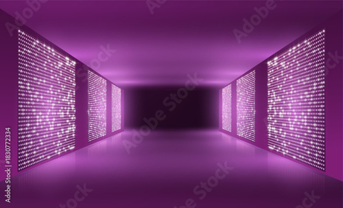 Purple led light screen corridor background, board wall stage with monitors glow round dotted TV display LCD video panel