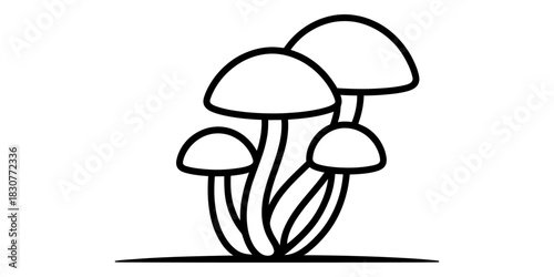 Stylized black and white outline illustration featuring a cluster of wild mushrooms, perfect as a simple graphic element for educational content. Vector, illustration