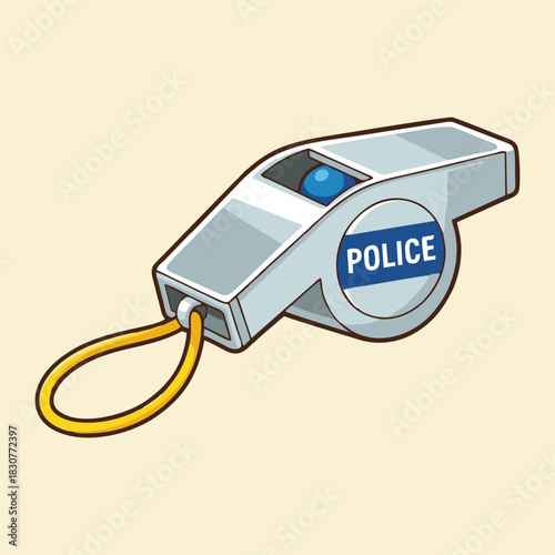 Cartoon illustration of a silver police whistle with a blue ball and a yellow lanyard, against a plain light background.